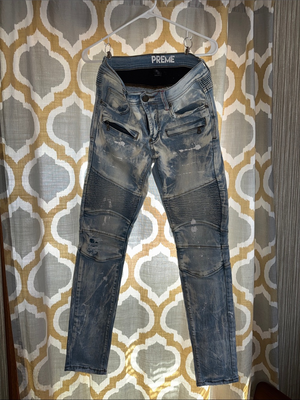PREME Men's Skinny Distressed Blue Biker Jeans